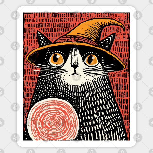Witch Cat with Crystal Ball – Spooky Halloween Linocut Sticker by TuncGK